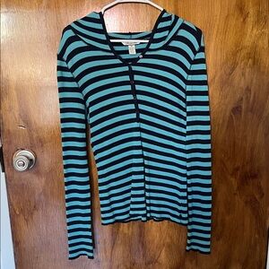 Aeropostale Teal and Black Striped Long Sleeve Tee